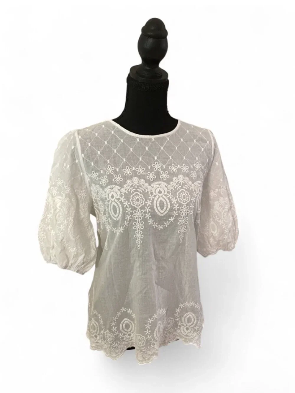 Anthropologie Embroidered White Top Puff Sleeve Peasant Shirt Cottage Kindred, M